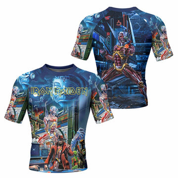 Iron Maiden Somewhere in Time Eddie Cyborg Men's Rash Guard Short Sleeve - front and back view