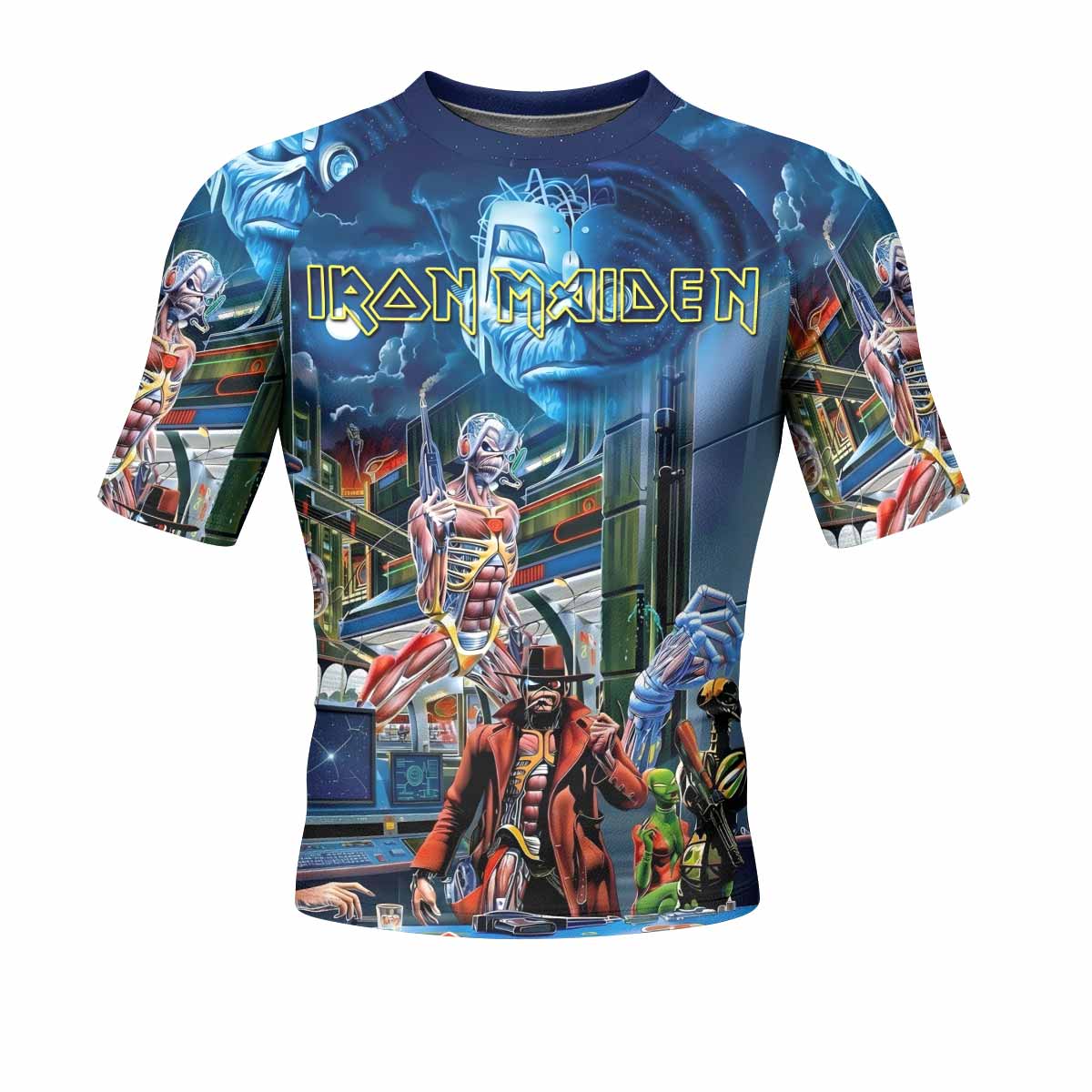 Iron Maiden Somewhere in Time Eddie Cyborg Men's Rash Guard Short Sleeve - front view mockup