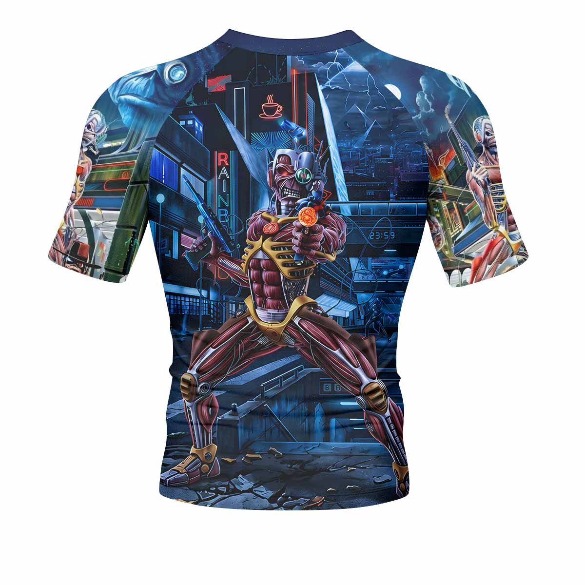 Iron Maiden Somewhere in Time Eddie Cyborg Men's Rash Guard Short Sleeve - back view mockup