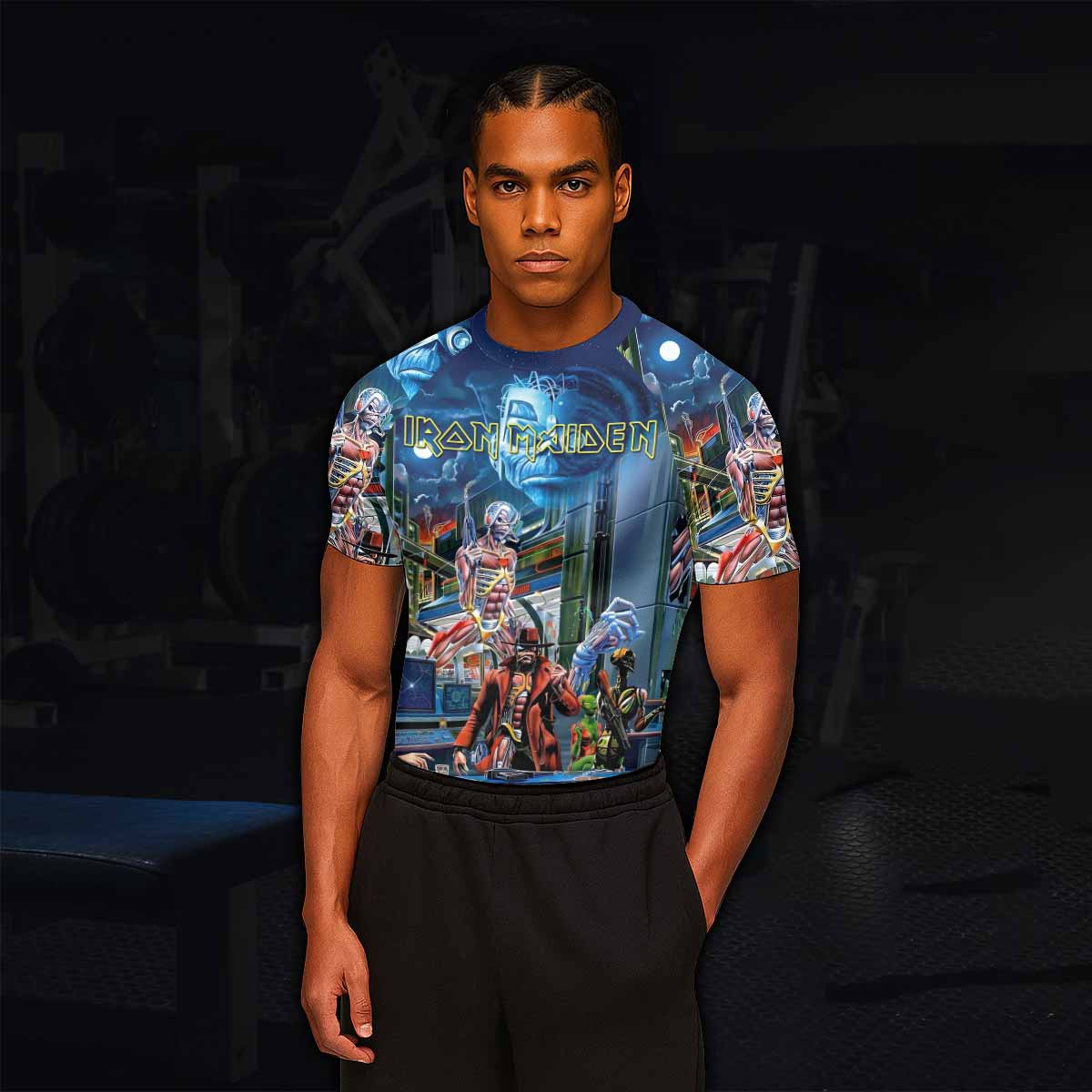 Iron Maiden Somewhere in Time Eddie Cyborg Men's Rash Guard Short Sleeve - lifestyle view