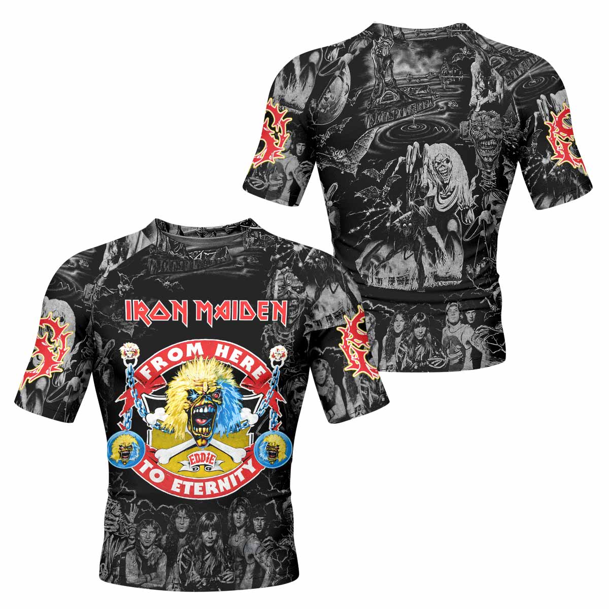Iron Maiden From Here to Eternity Eddie Men's Rash Guard Short Sleeve - front and back view