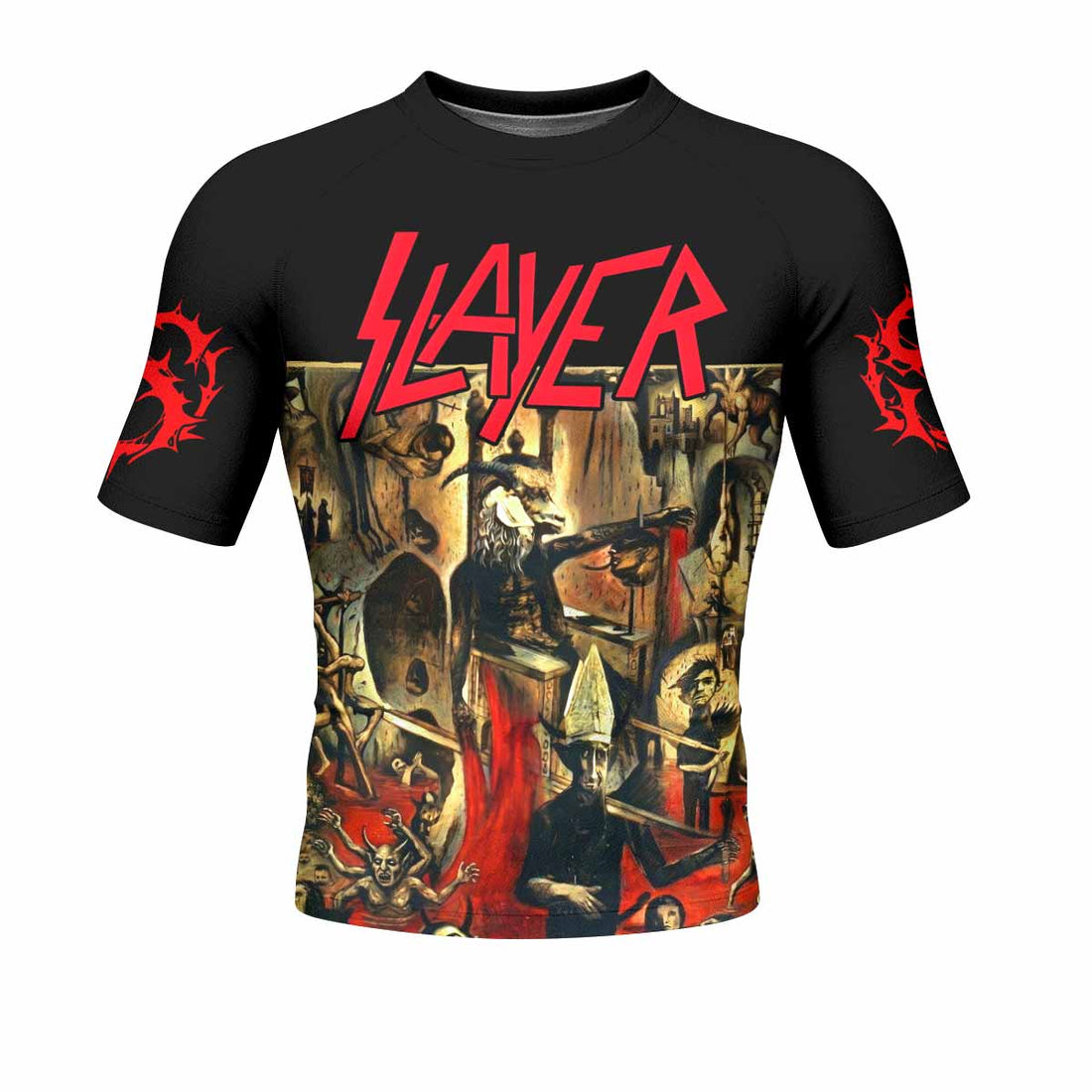 South of Heaven Slayer Men's Rash Guard Short Sleeve - front and back view