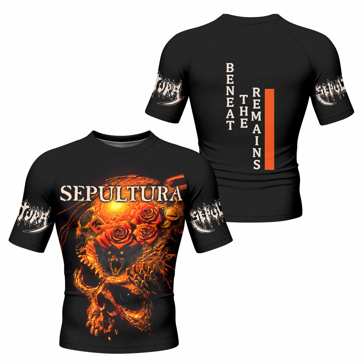 Beneath the Remains Sepultura Men's Rash Guard Short Sleeve - front and back view