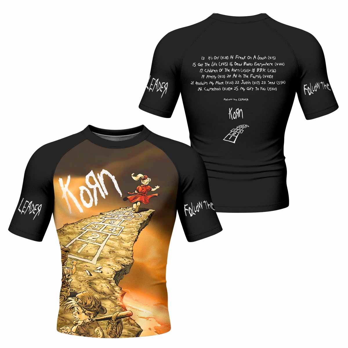 Korn Follow the Leader Hopscotch Men's Rash Guard Short Sleeve - front and back view