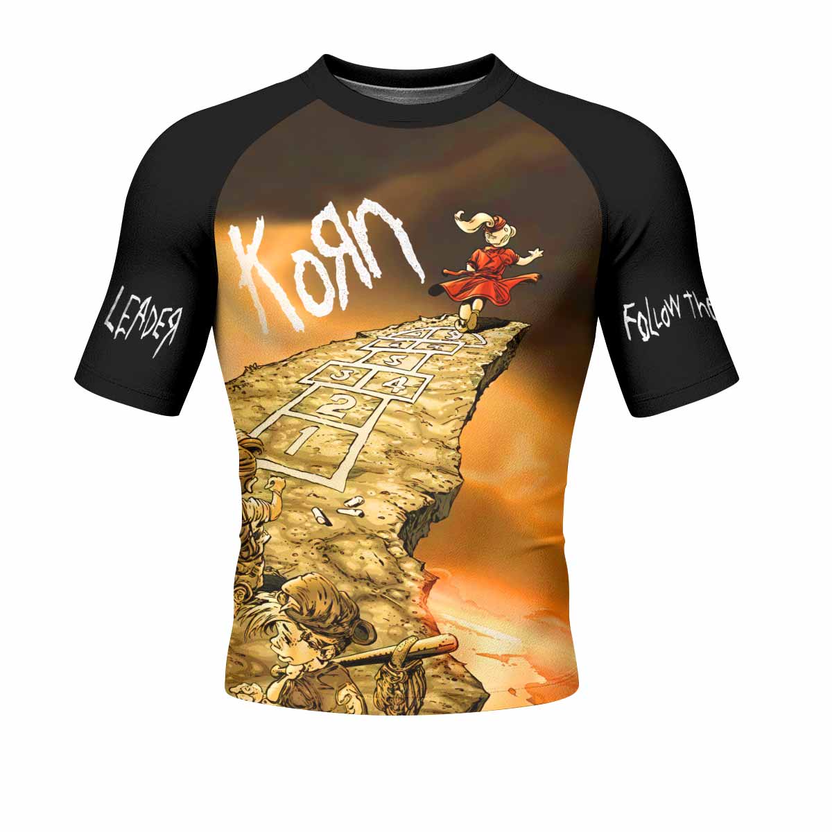 Korn Follow the Leader Hopscotch Men's Rash Guard Short Sleeve - front view mockup