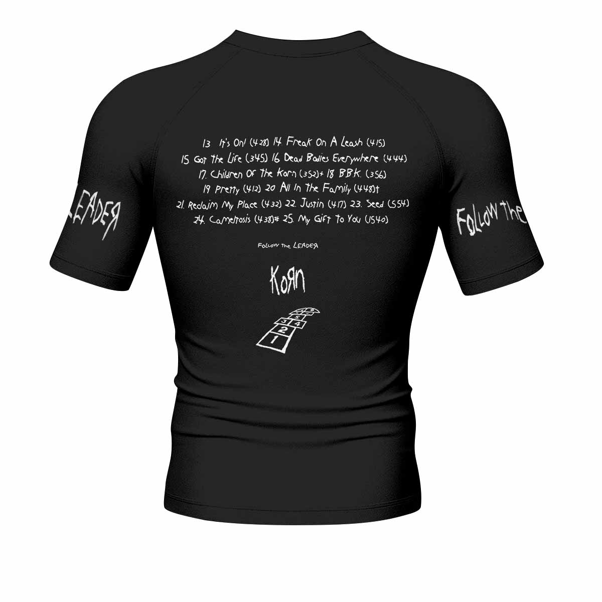 Korn Follow the Leader Hopscotch Men's Rash Guard Short Sleeve - back view mockup
