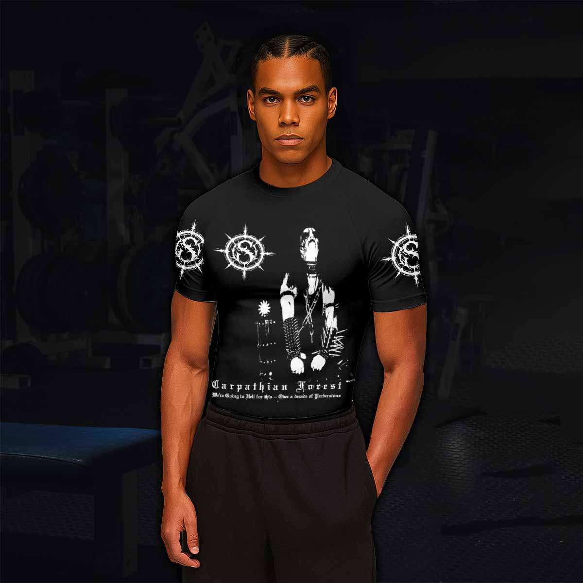 Carpathian Forest We're Going to Hell for This Men's Rash Guard Short Sleeve - lifestyle view