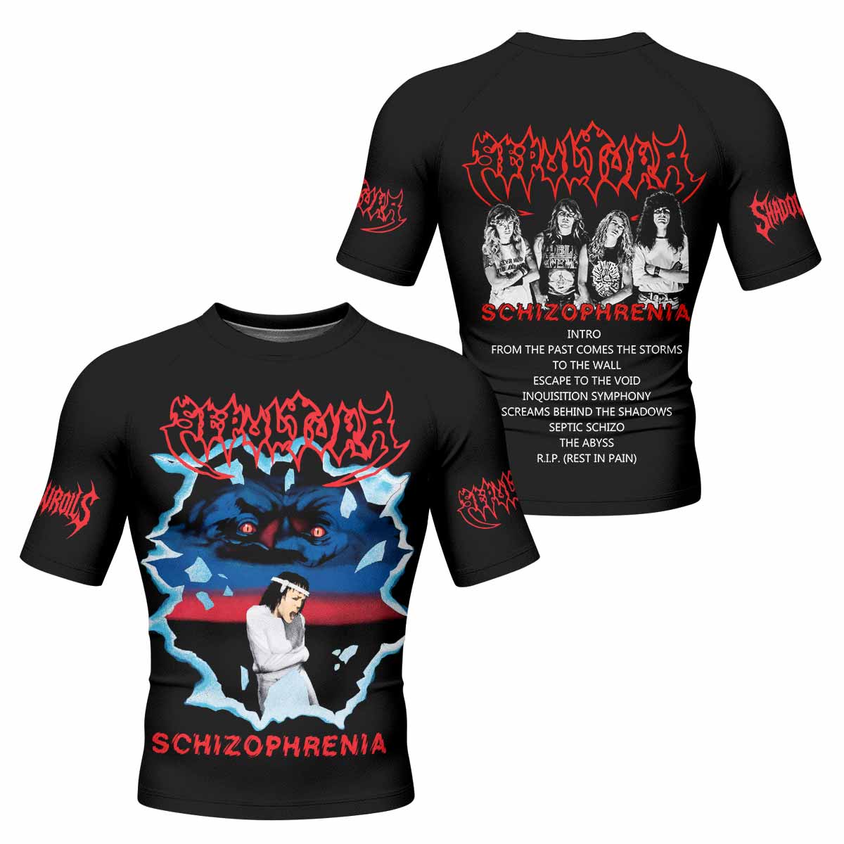 Sepultura Schizophrenia Men's Rash Guard Short Sleeve - front and back view