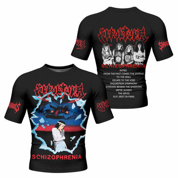 Sepultura Schizophrenia Men's Rash Guard Short Sleeve - front and back view