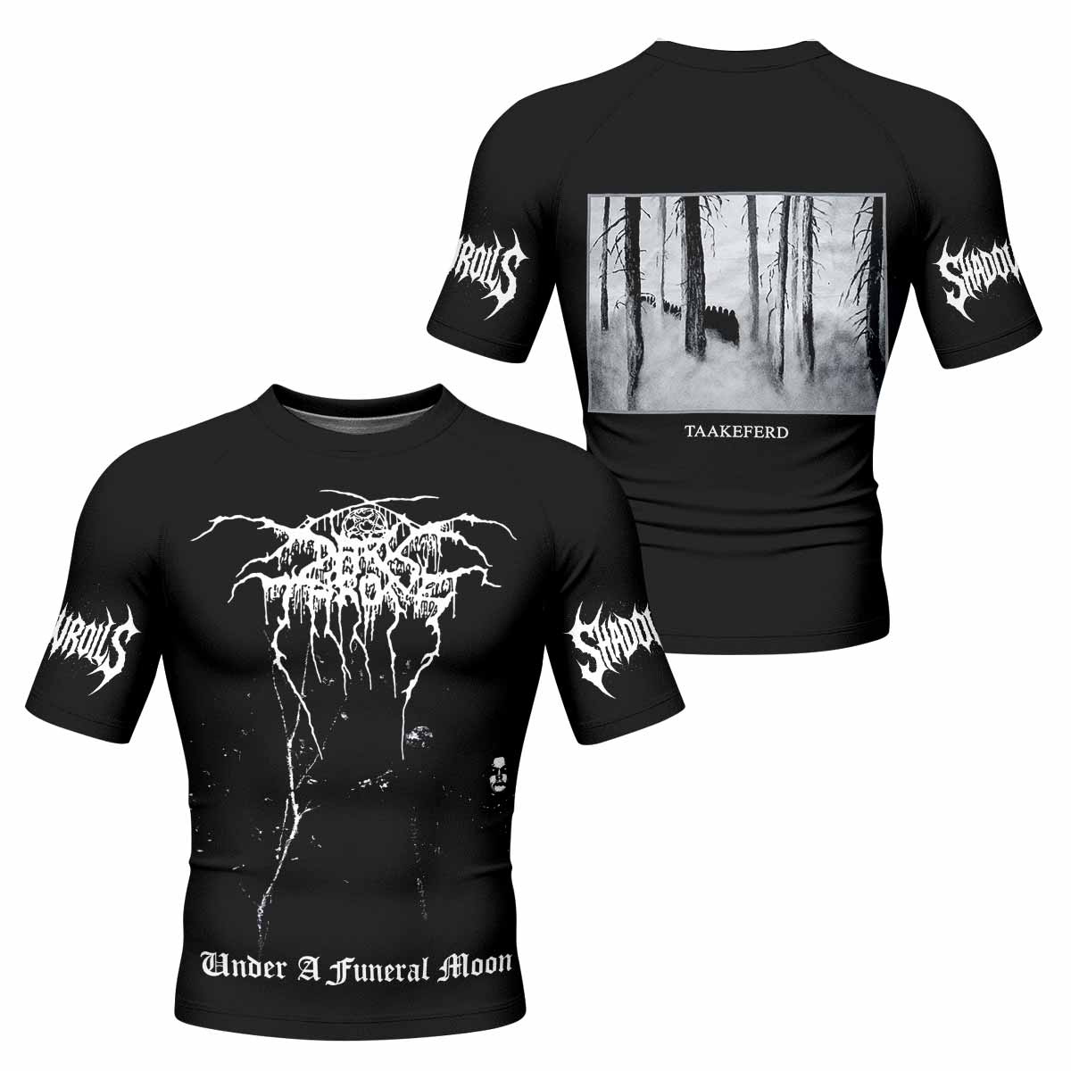 Darkthrone Under a Funeral Moon Men's Rash Guard Short Sleeve - front and back view