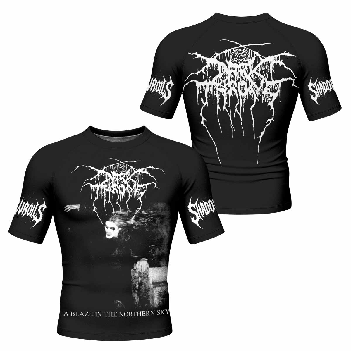 Darkthrone A Blaze in the Northern Sky Men's Rash Guard Short Sleeve - front and back view