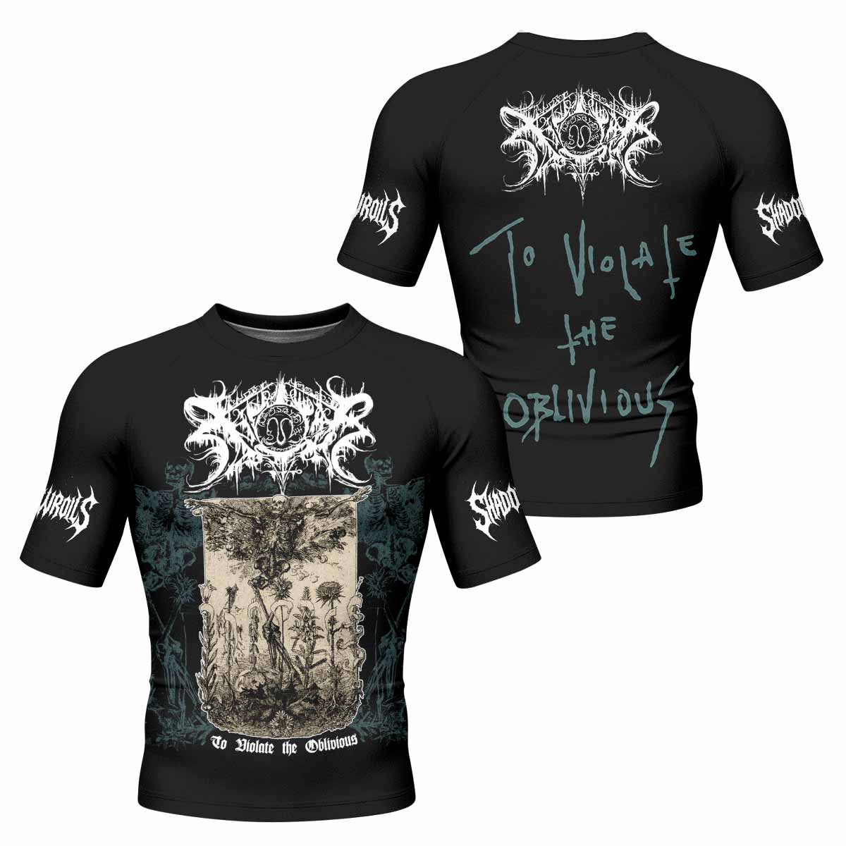 Xasthur To Violate the Oblivious Men's Rash Guard Short Sleeve - front and back view
