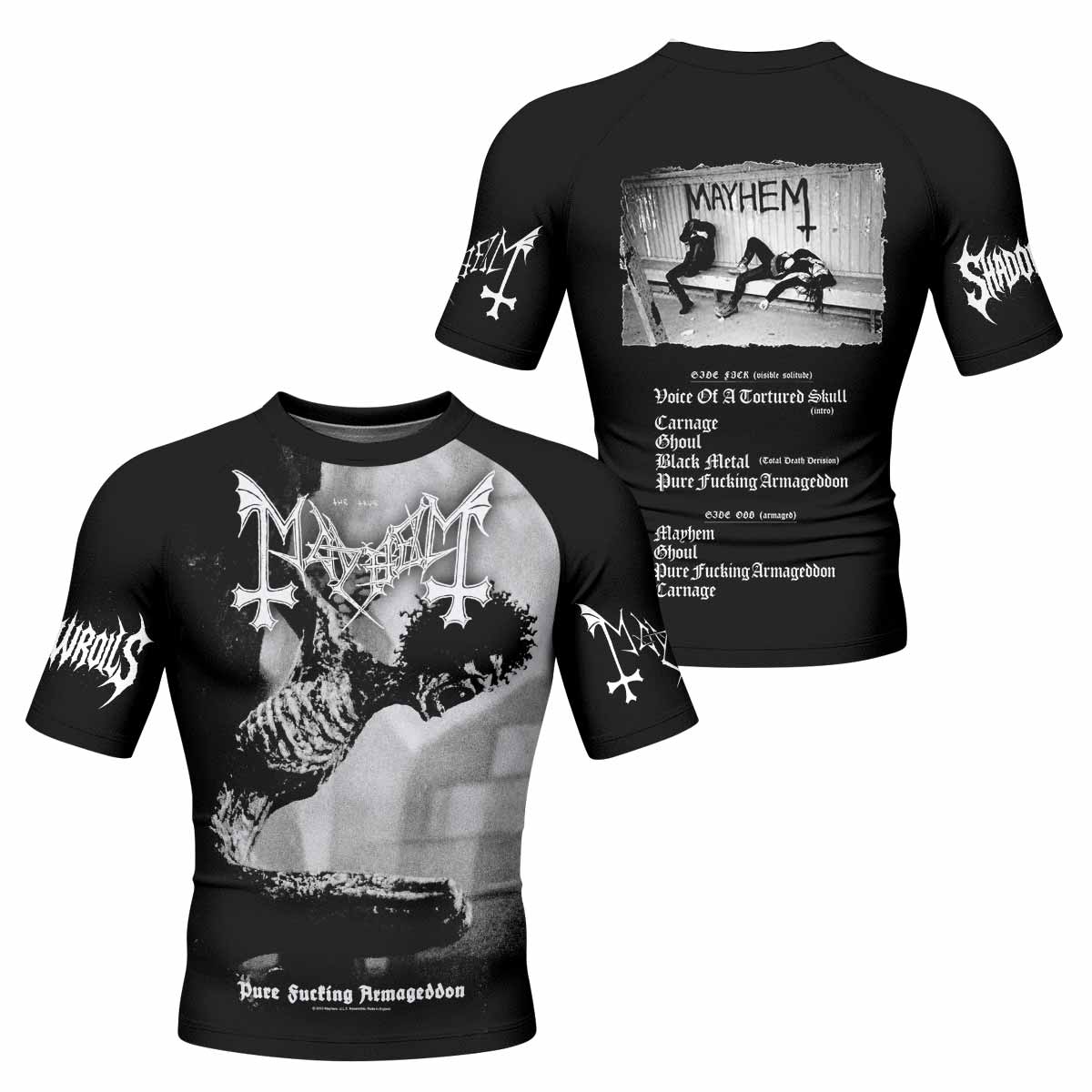 Mayhem Pure Fucking Armageddon Men's Rash Guard Short Sleeve - front and back view