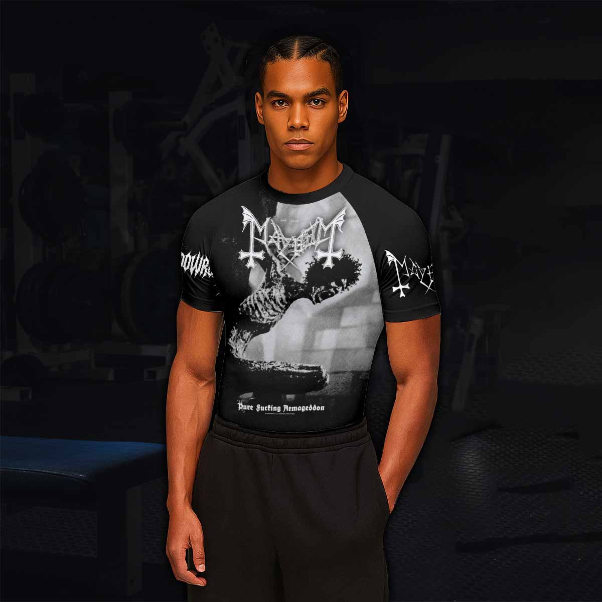 Mayhem Pure Fucking Armageddon Men's Rash Guard Short Sleeve - lifestyle view