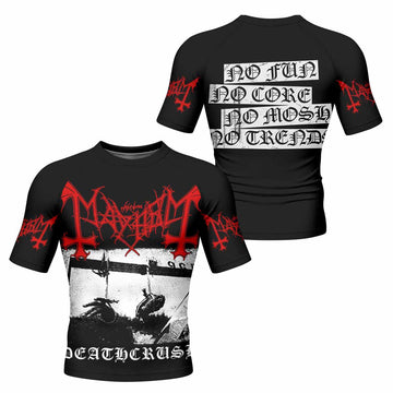 Mayhem Deathcrush No Fun No Core No Mosh No Trends Men's Rash Guard Short Sleeve - front and back view