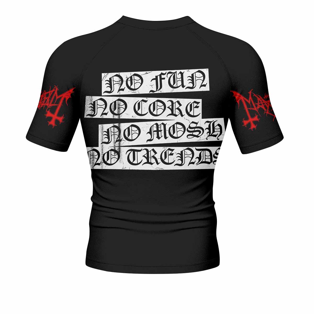 Mayhem Deathcrush No Fun No Core No Mosh No Trends Men's Rash Guard Short Sleeve - back view mockup