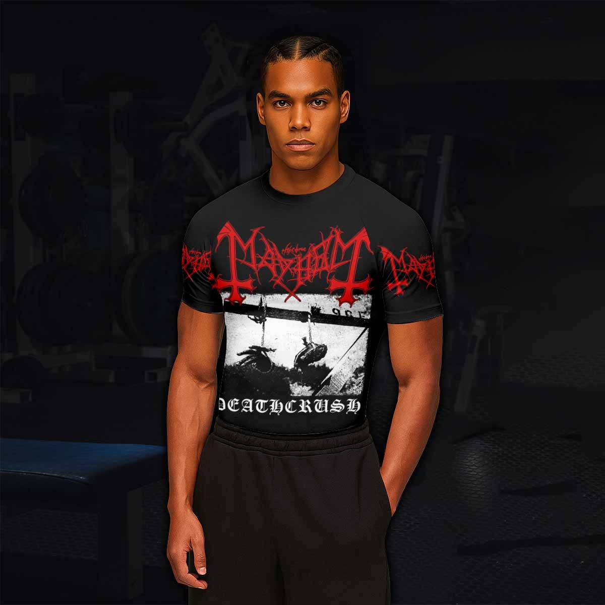 Mayhem Deathcrush No Fun No Core No Mosh No Trends Men's Rash Guard Short Sleeve - lifestyle view