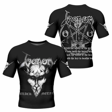 Venom Black Metal Goat Sigil Men's Rash Guard Short Sleeve - front and back view