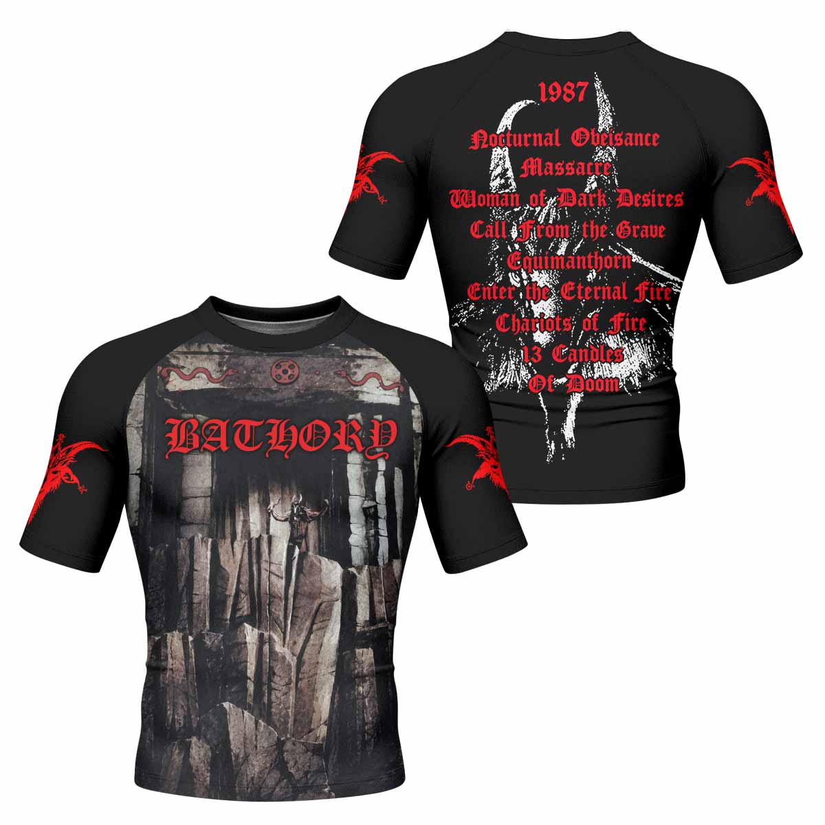 Bathory Under the Sign of the Black Mark Men's Rash Guard Short Sleeve - front and back view