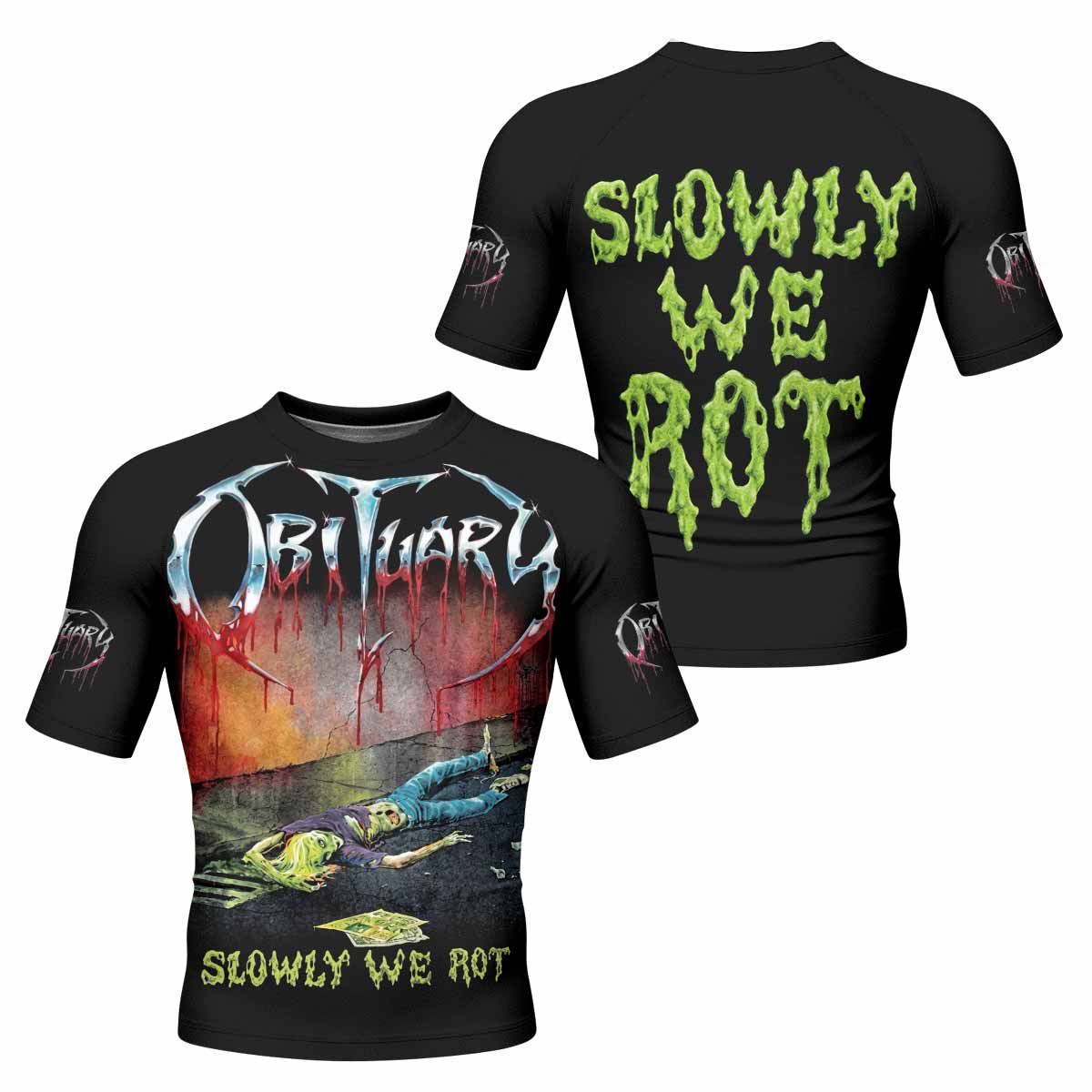 Obituary Slowly We Rot Men's Rash Guard Short Sleeve - front and back view