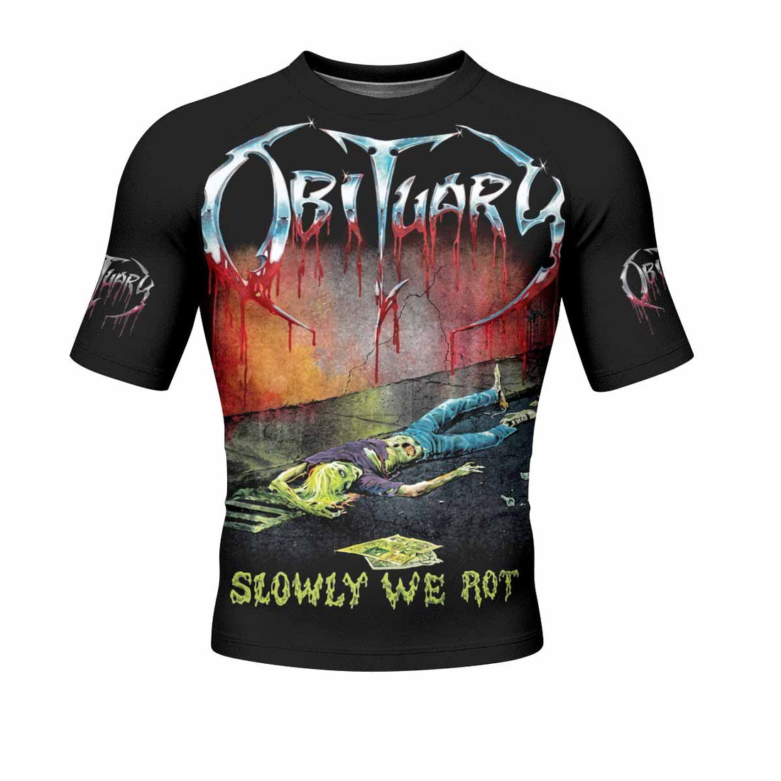 Obituary Slowly We Rot Men's Rash Guard Short Sleeve - front and back view