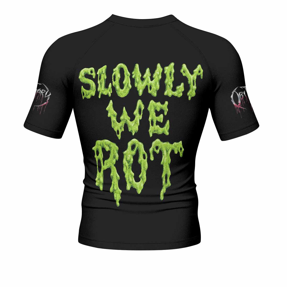 Obituary Slowly We Rot Men's Rash Guard Short Sleeve - back view mockup