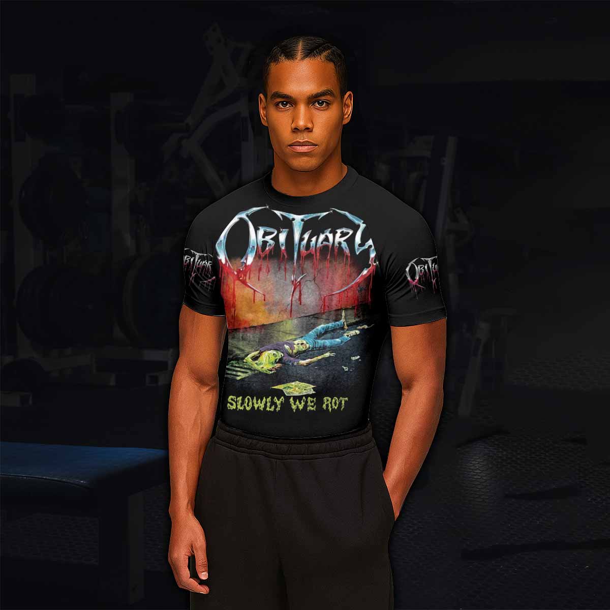 Obituary Slowly We Rot Men's Rash Guard Short Sleeve - lifestyle view
