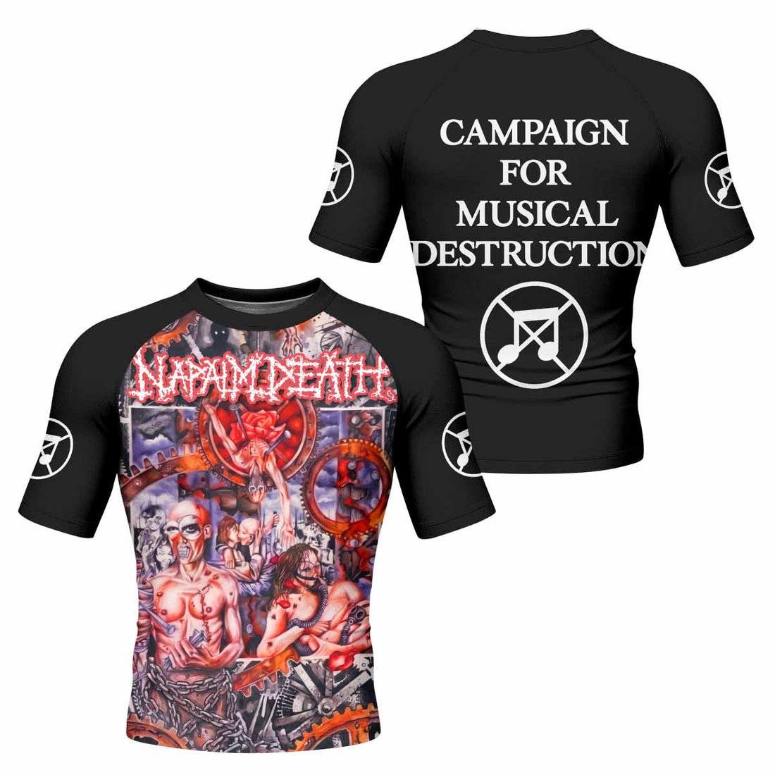 Napalm Death Utopia Banished Men's Rash Guard Short Sleeve - front and back view