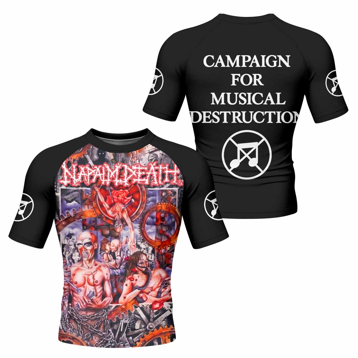Napalm Death Utopia Banished Men's Rash Guard Short Sleeve - front and back view