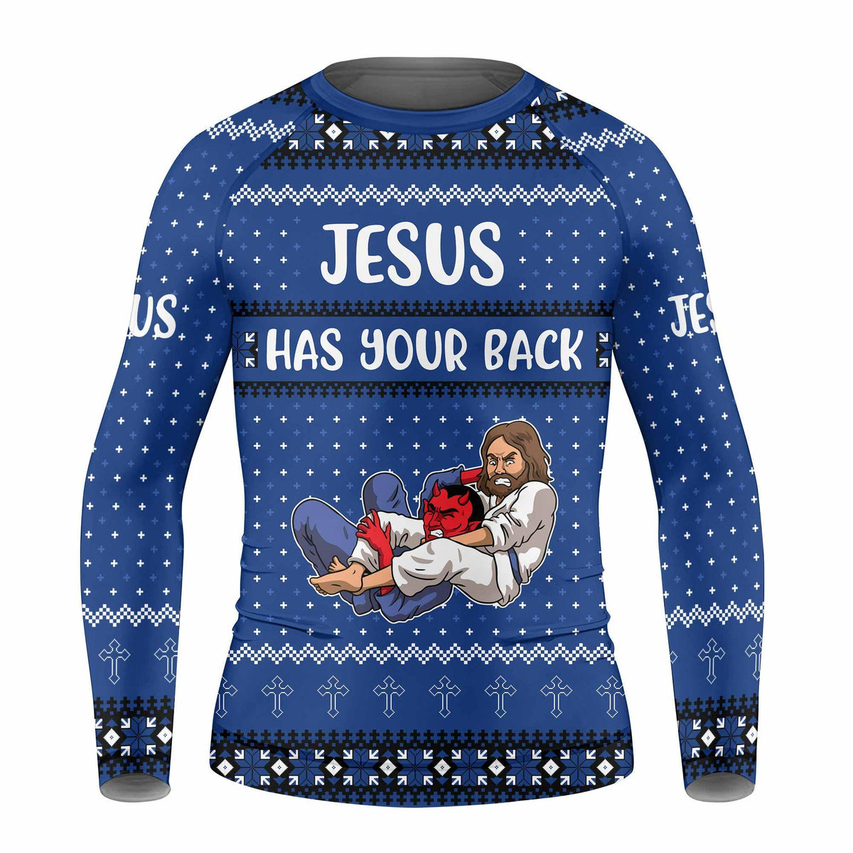 Catholic Rash Guards Kids Rash Guard | Jesus Has Your Back Blue Rash Guard – Shadow Rolls