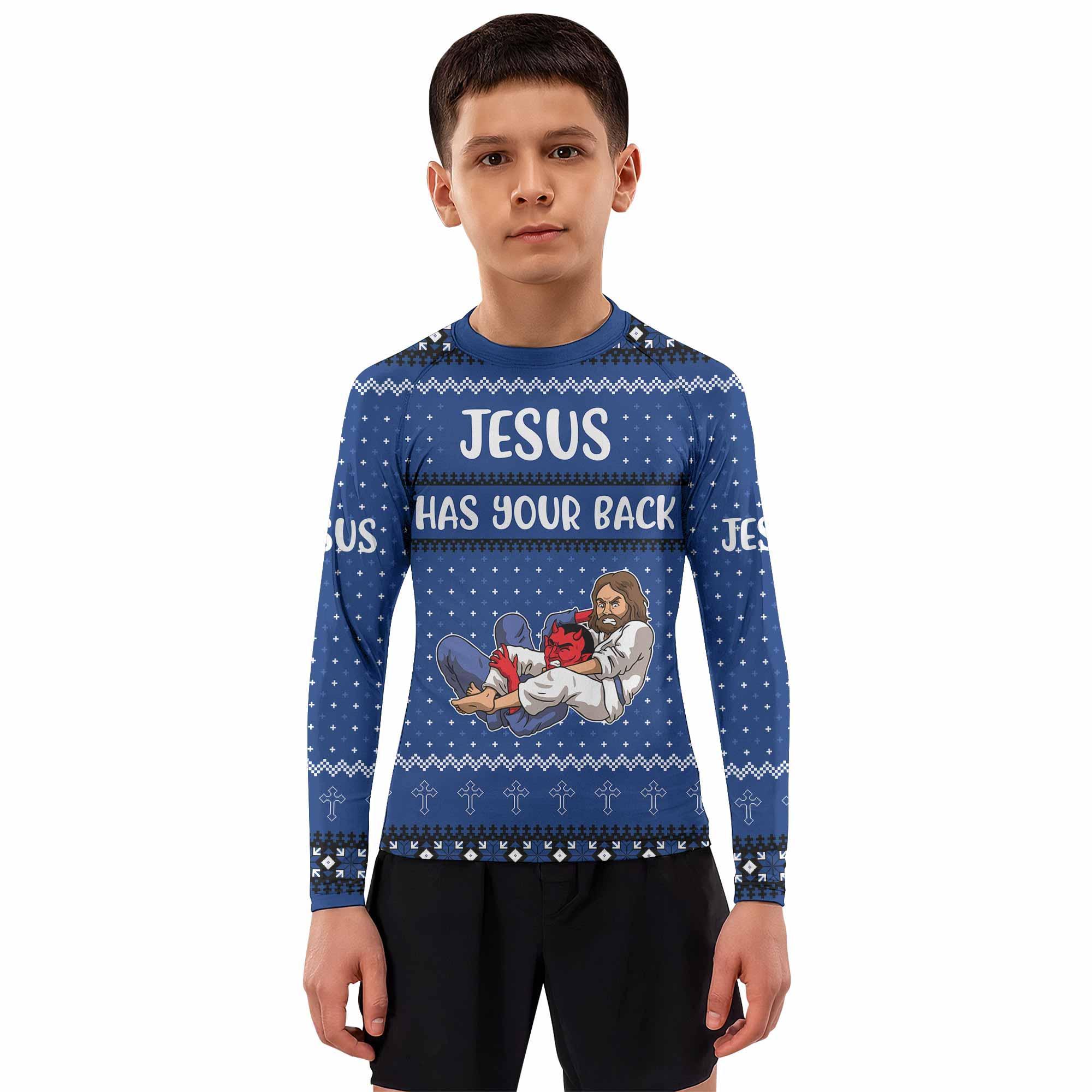 Kids Rash Guard | Jesus Has Your Back Blue Rash Guard – Shadow Rolls
