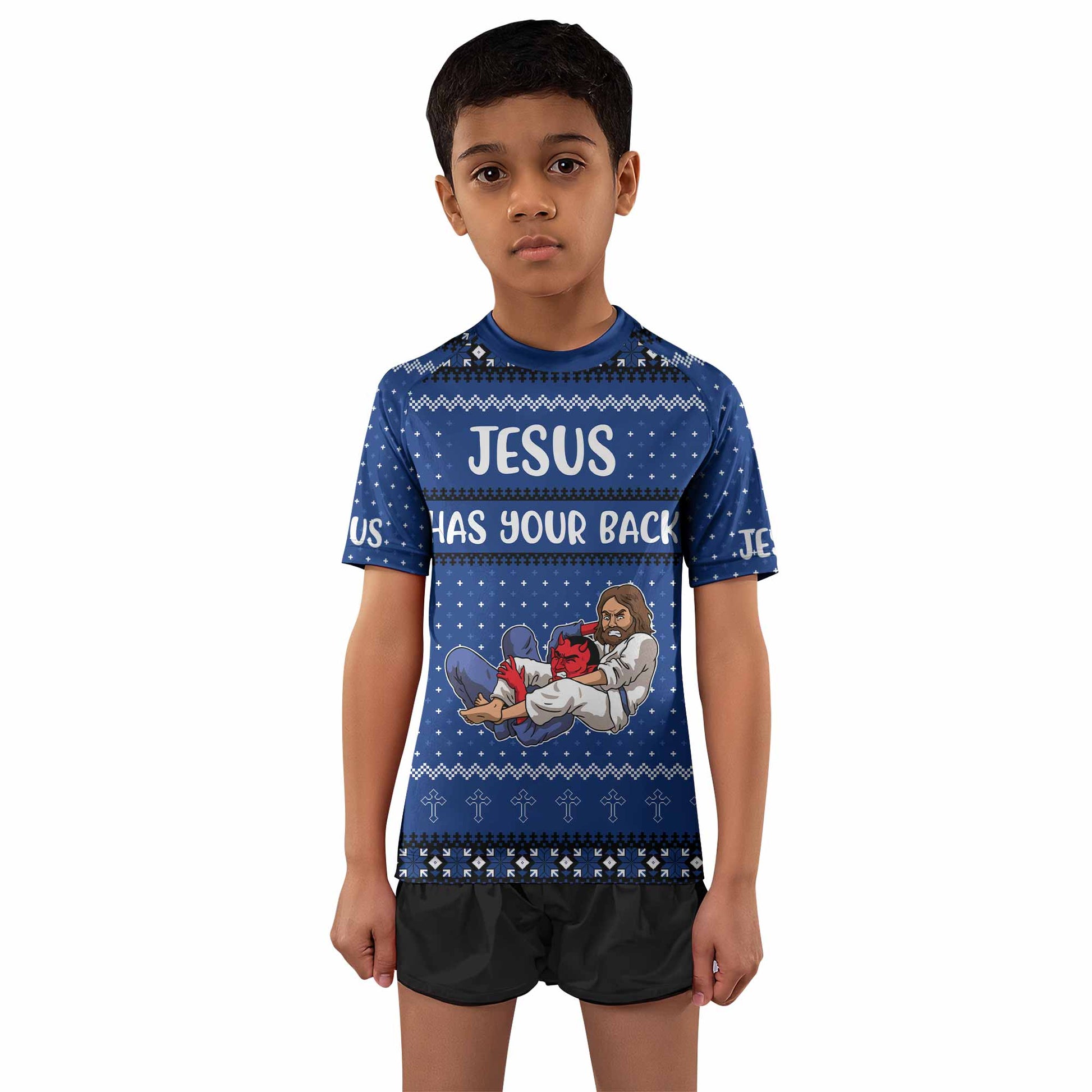Jesus Has Your Back Blue Kids Rash Guard