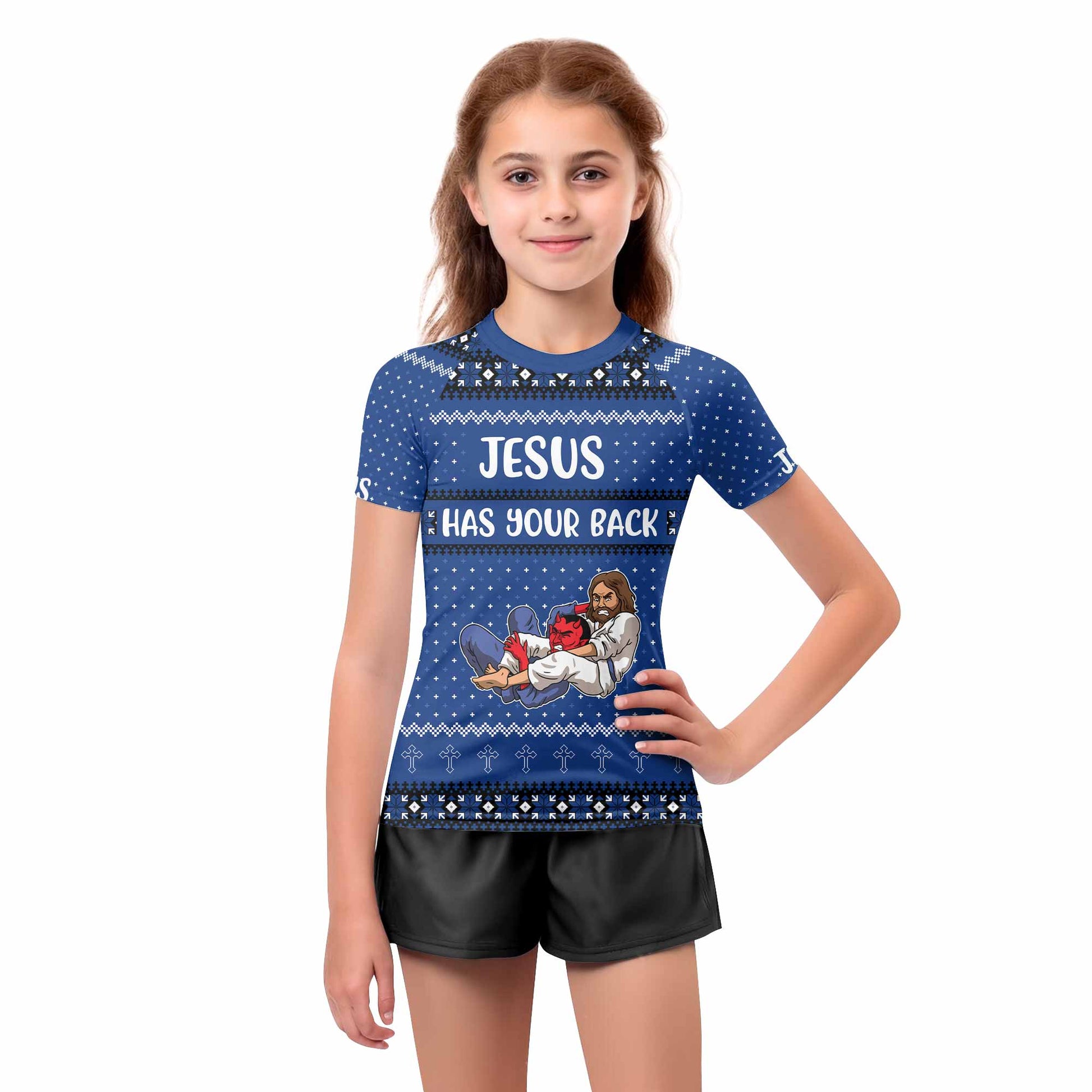 Jesus Has Your Back Blue Kids Rash Guard