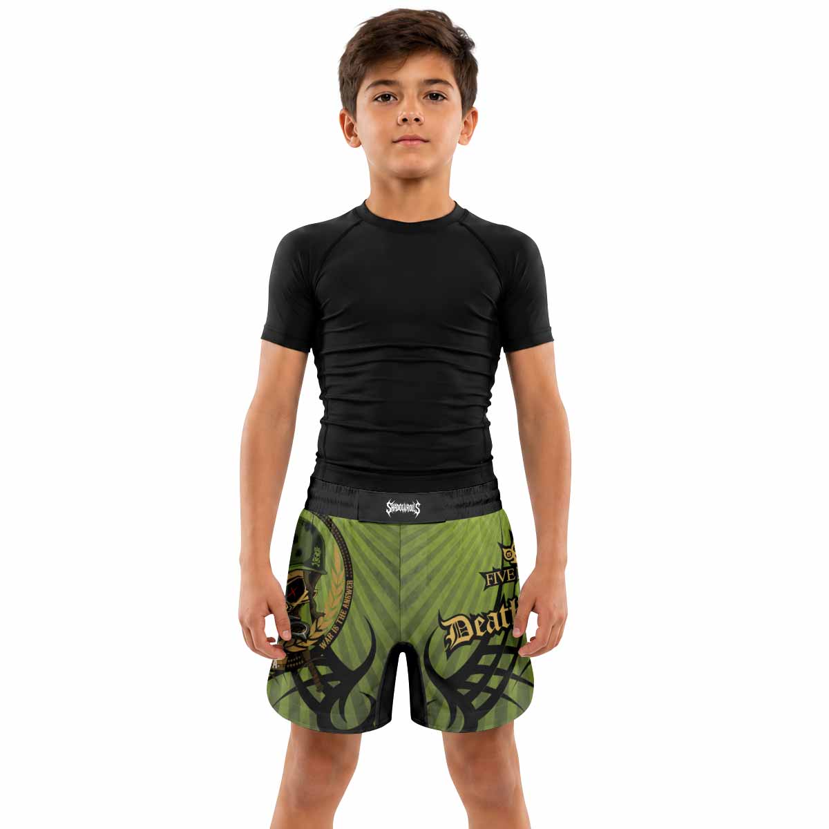 Five Finger Death Punch Green V Kids Grappling Shorts - lifestyle