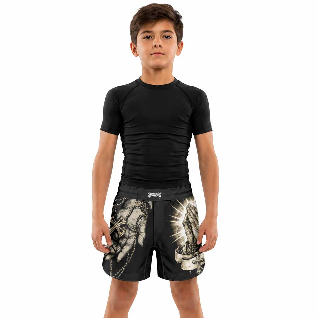 Praying Hands Skull Kids Grappling Shorts - lifestyle