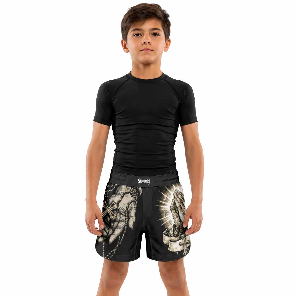 Praying Hands Skull Kids Grappling Shorts - lifestyle