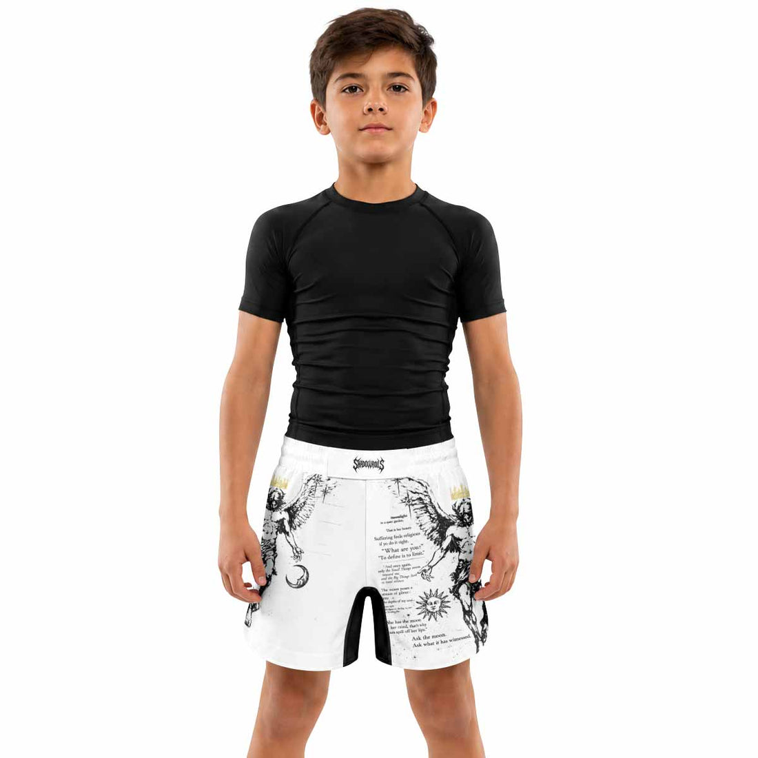 The Messenger Has Arrived White Kids Grappling Shorts - lifestyle