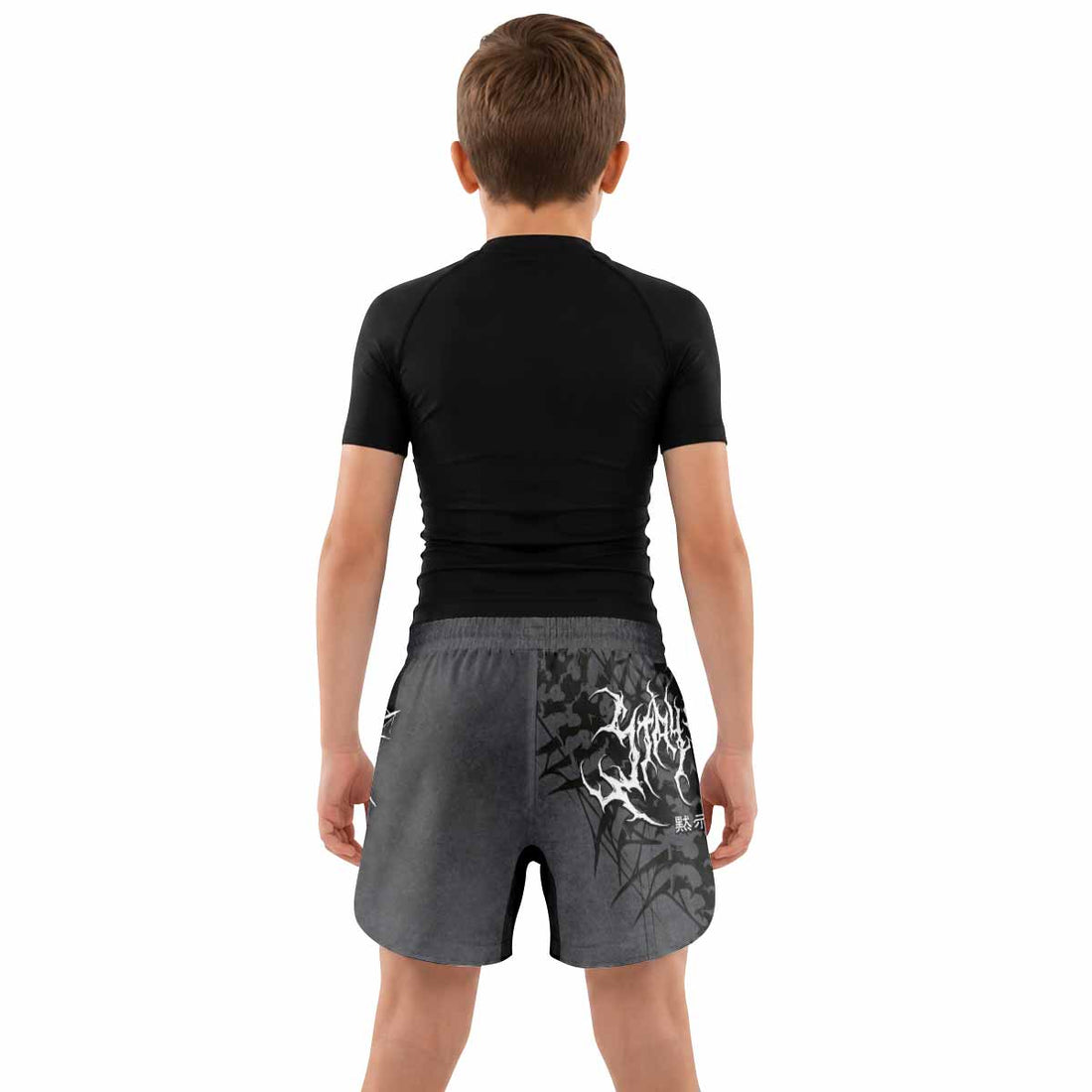 Black Metal Gothic Spine Kids Grappling Shorts - lifestyle