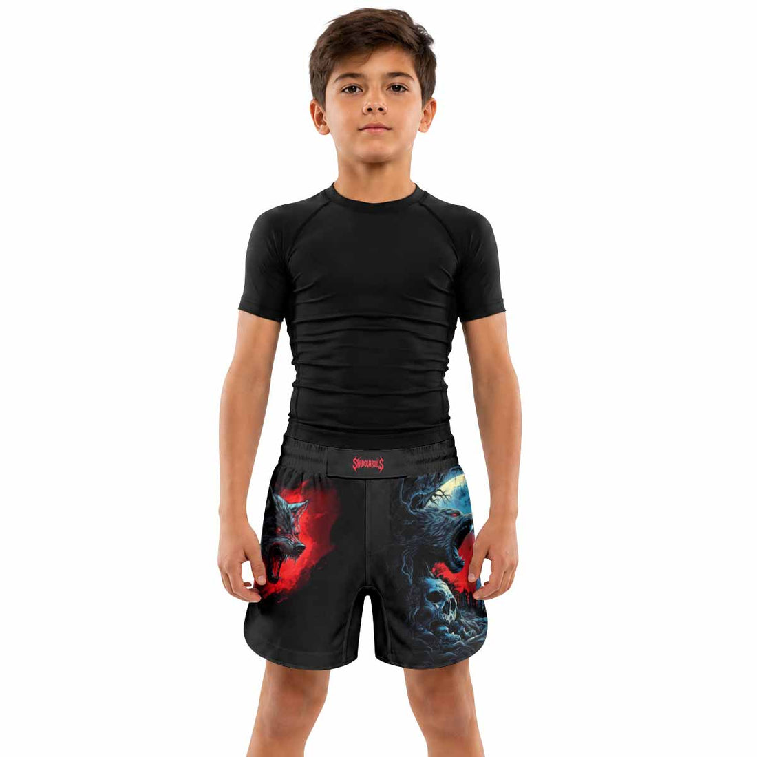 Twin Wolf Apocalypse Kids Grappling Shorts - lifestyle
