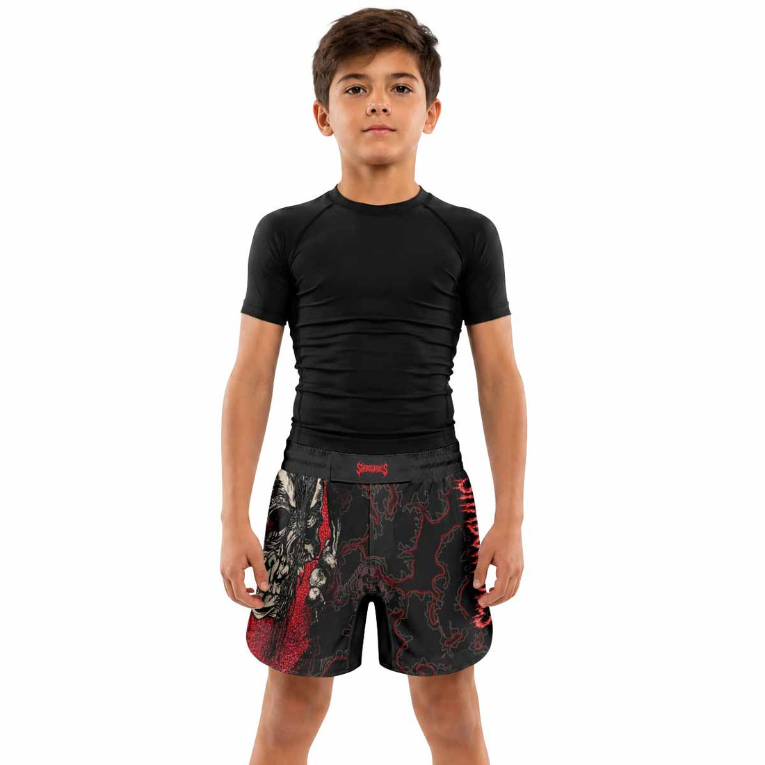 Crimson Hollow Skull Kids Grappling Shorts - lifestyle