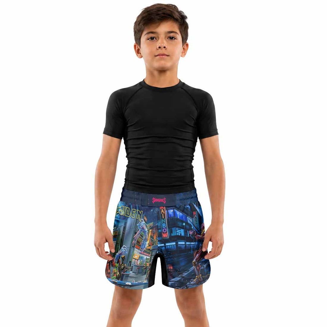 Iron Maiden Somewhere in Time Eddie Cyborg Kids Grappling Shorts - lifestyle