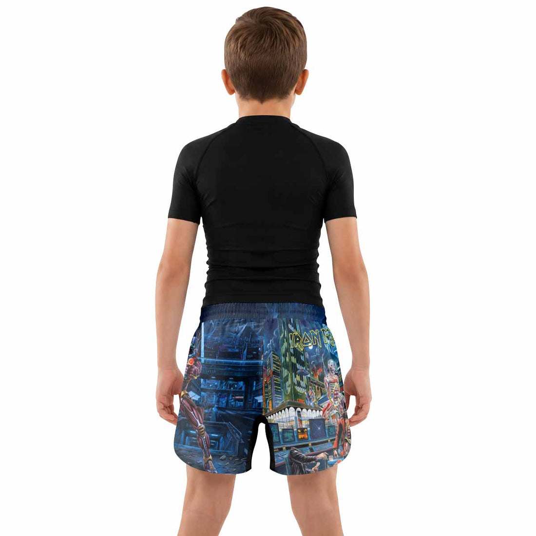 Iron Maiden Somewhere in Time Eddie Cyborg Kids Grappling Shorts - lifestyle