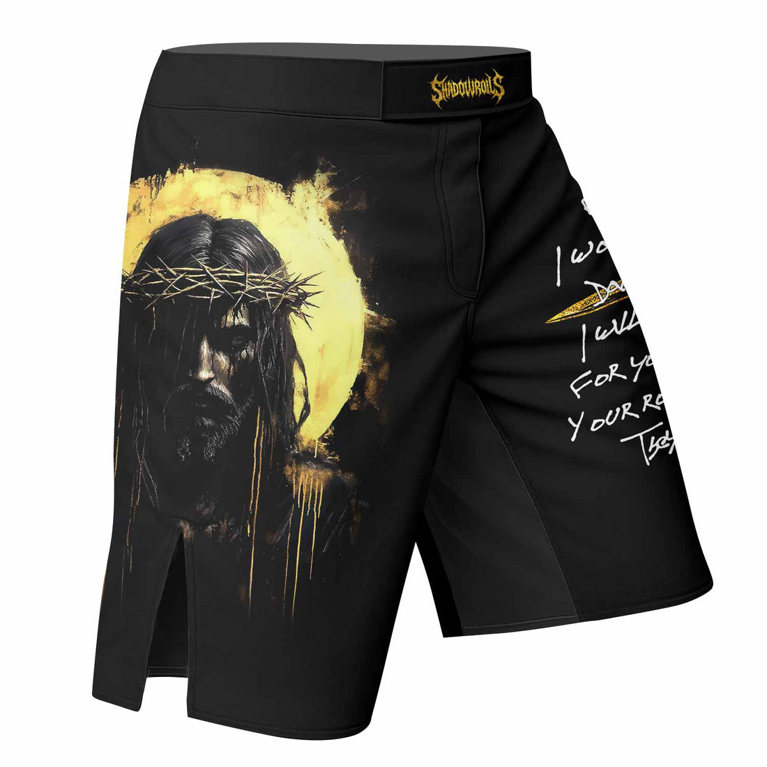 Psalm 23:4 No Evil Shall I Fear Fight Shorts - MMA & BJJ Gear - right side mockup