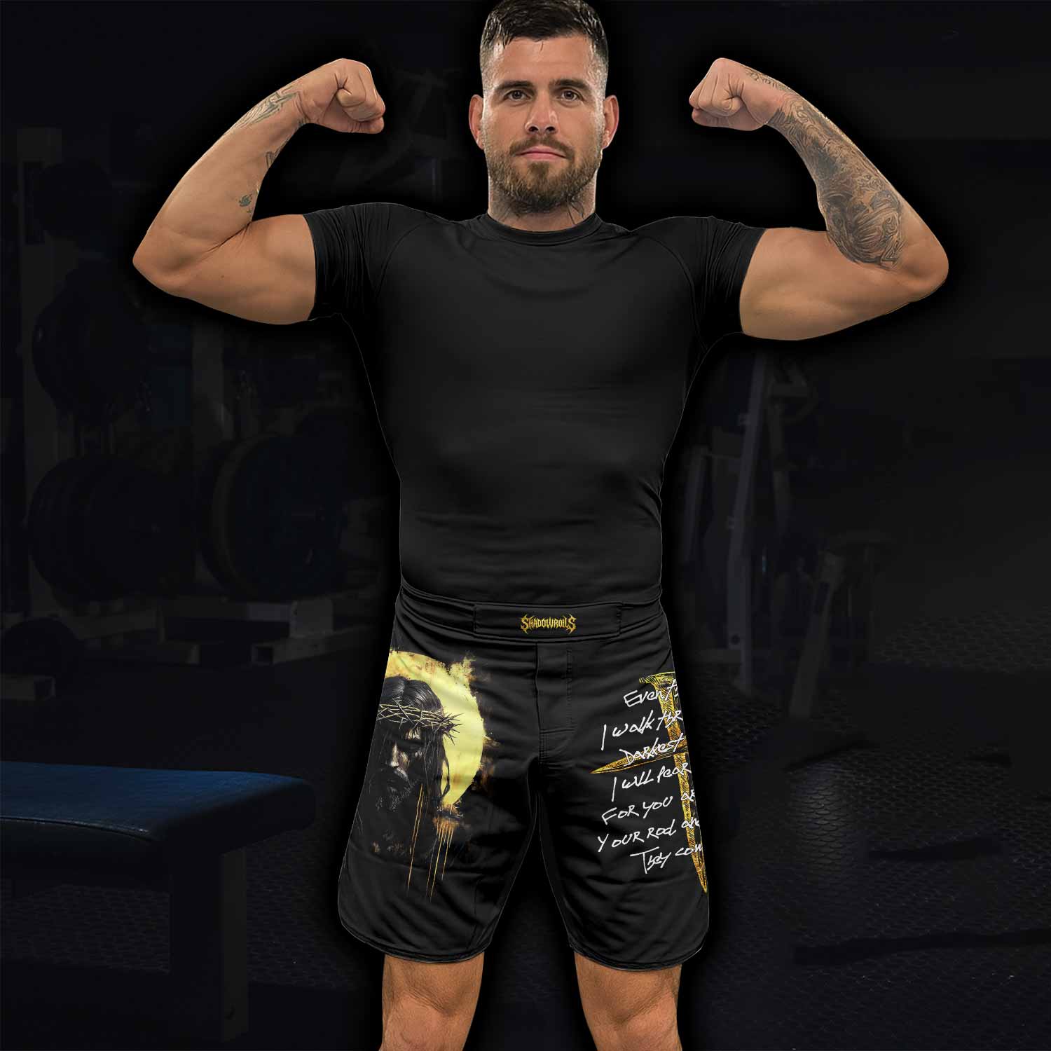 Psalm 23:4 No Evil Shall I Fear Fight Shorts - MMA & BJJ Gear - lifestyle view