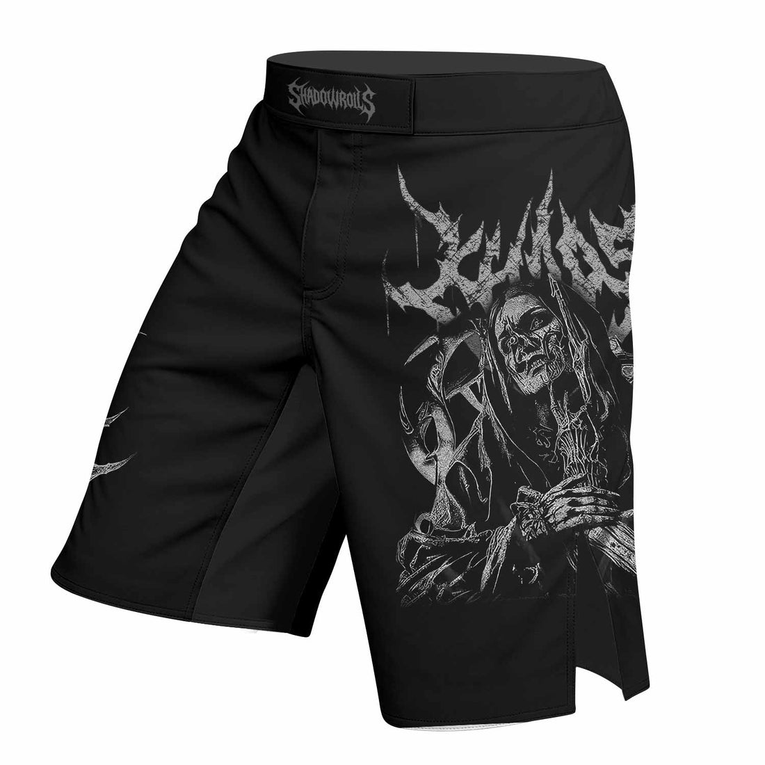 Against All Gods Fight Shorts - Durable MMA, BJJ, Boxing Gear - right side mockup
