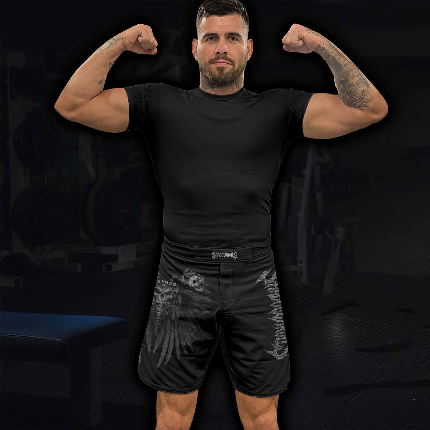 Savage Winged Skull Fight Shorts | MMA, BJJ, Boxing & Fitness - lifestyle view