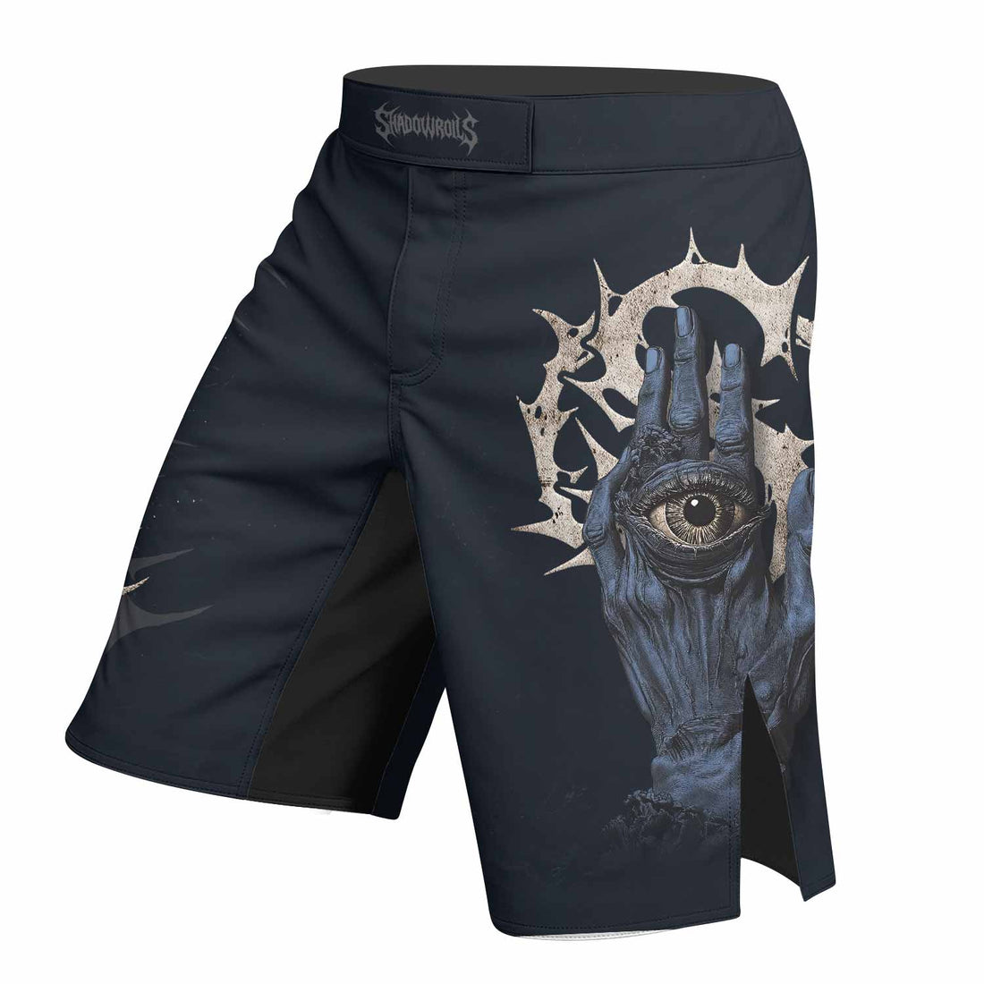 The All-Seeing Hand Fight Shorts - Durable MMA, BJJ, Boxing Gear - right side mockup