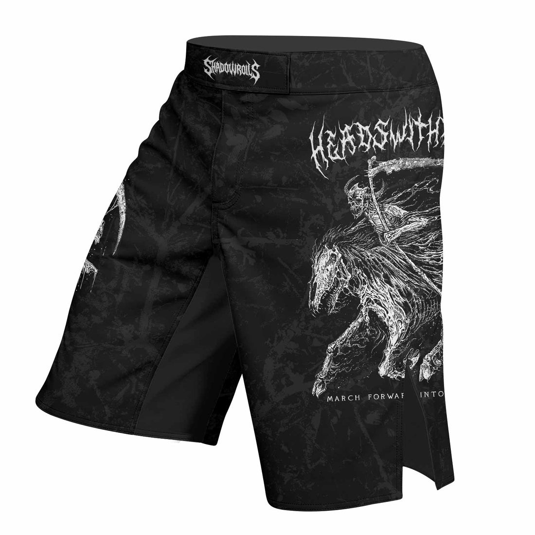 March Into Turmoil Fight Shorts - Durable MMA, BJJ, Boxing Gear - right side mockup