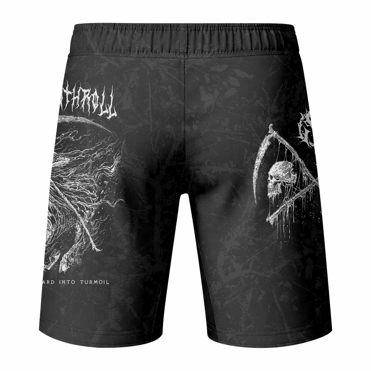 March Into Turmoil Fight Shorts - Durable MMA, BJJ, Boxing Gear - back view mockup