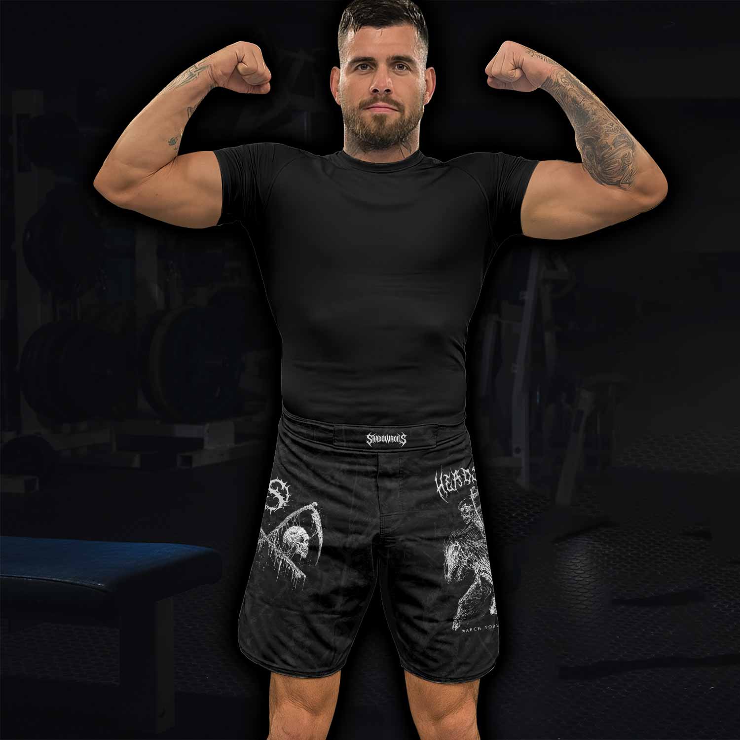 March Into Turmoil Fight Shorts - Durable MMA, BJJ, Boxing Gear - lifestyle view